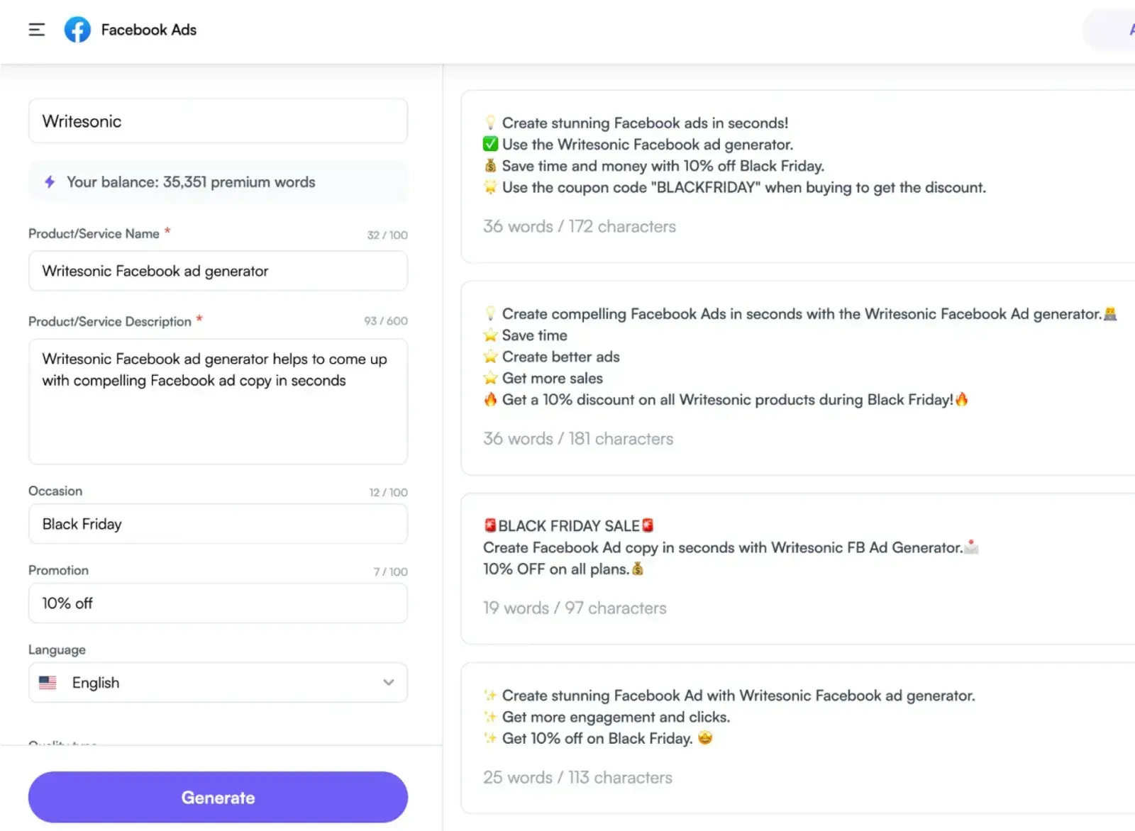 Writesonic Facebook Ad Generator