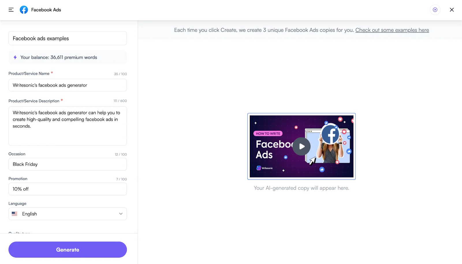 How to generate Facebook ad copy - Step 2 - Writesonic Facebook Ad Generator