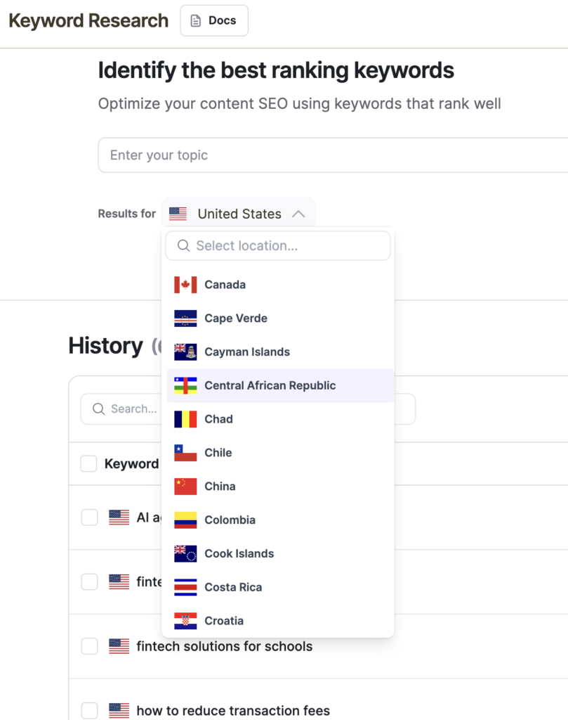 Writesonic's keyword research tool for international SEO strategies