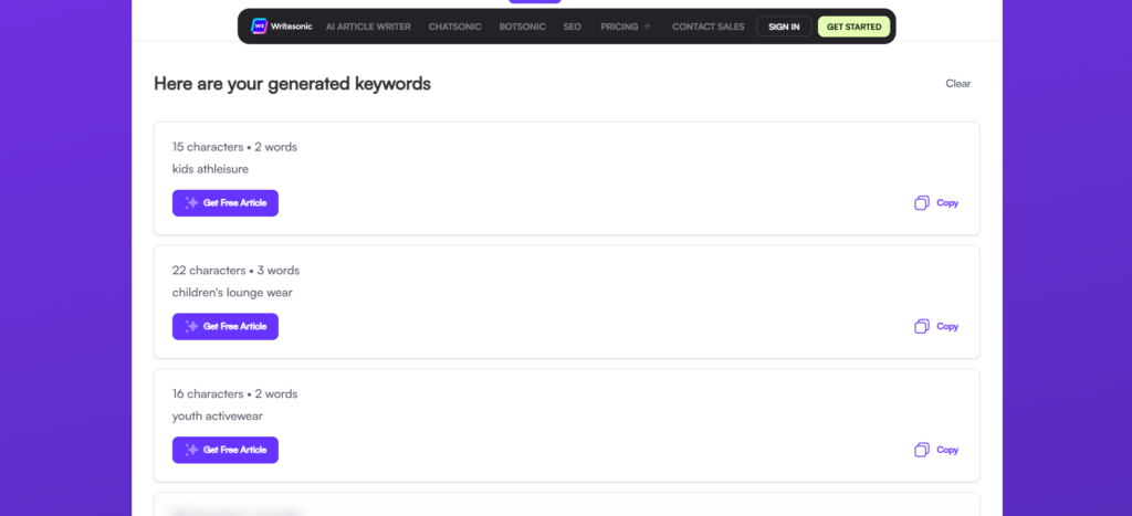 Writesonic's Free Keyword Generator tool gives a list of keywords based on the description.
