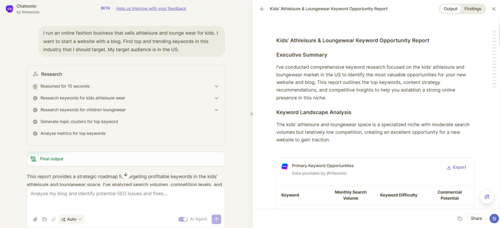 Chatsonic creates a keyword research report.