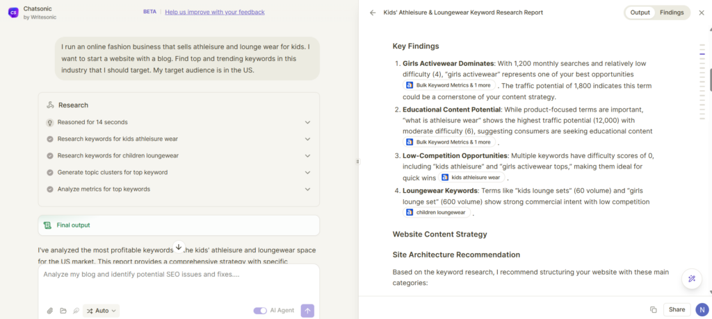 Chatsonic gives a complete keyword research report with actionable insights.