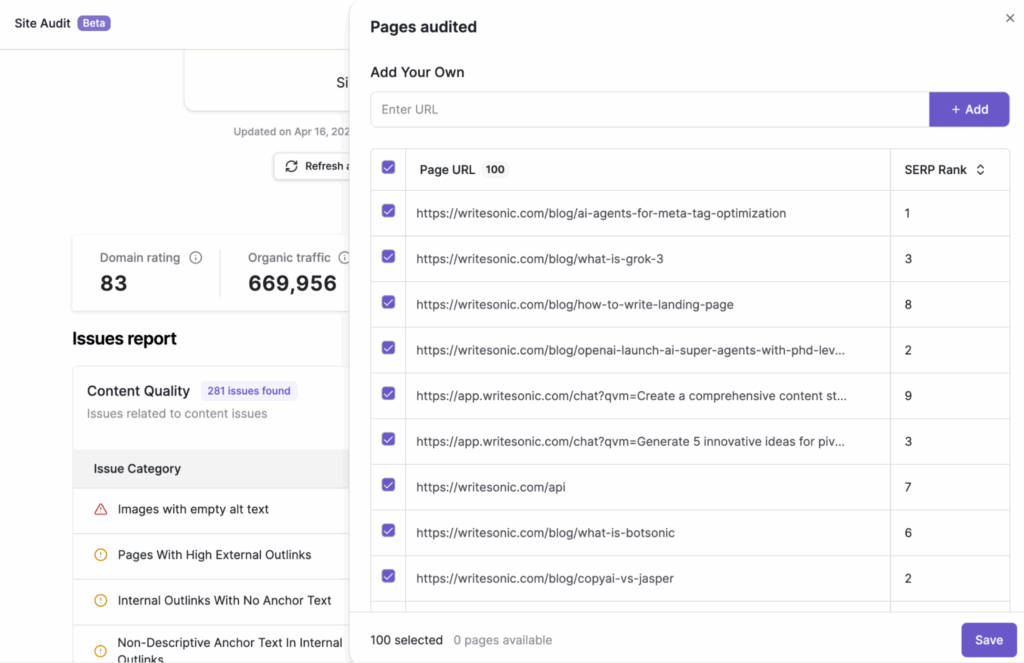 Writesonic site audit tool for content audit website crawling