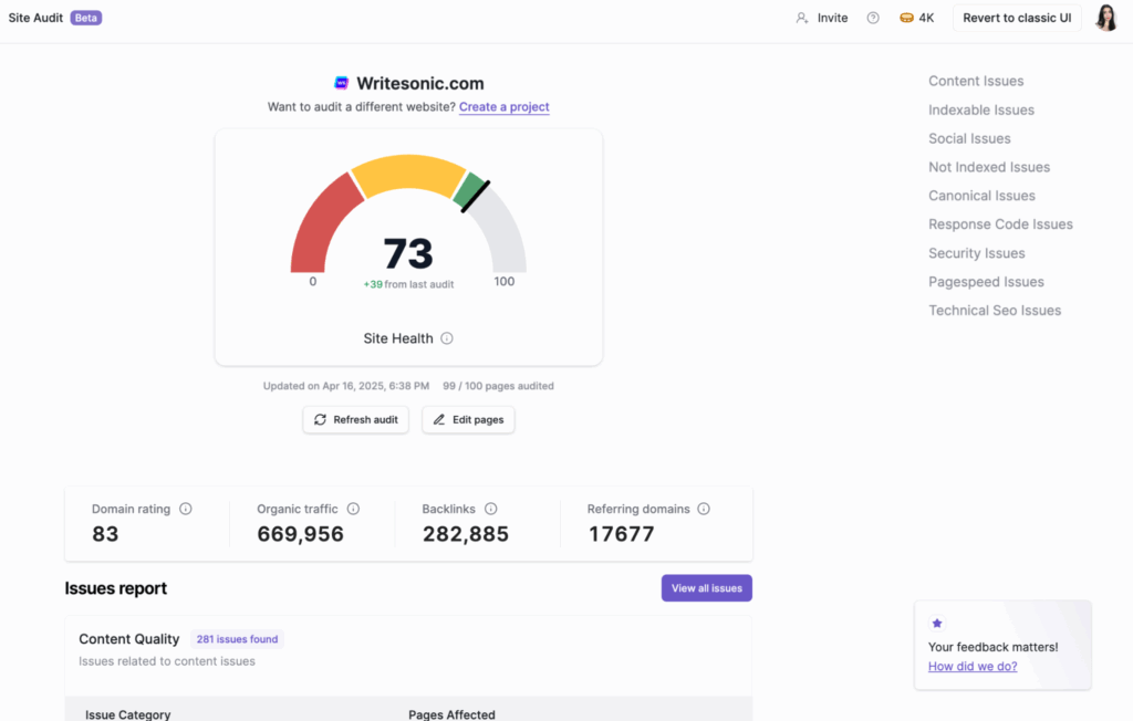 Writesonic site audit tool to understand why Google ranking dropped dramatically
