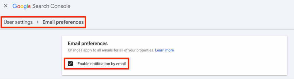 Enable email notifications on Google Search Console