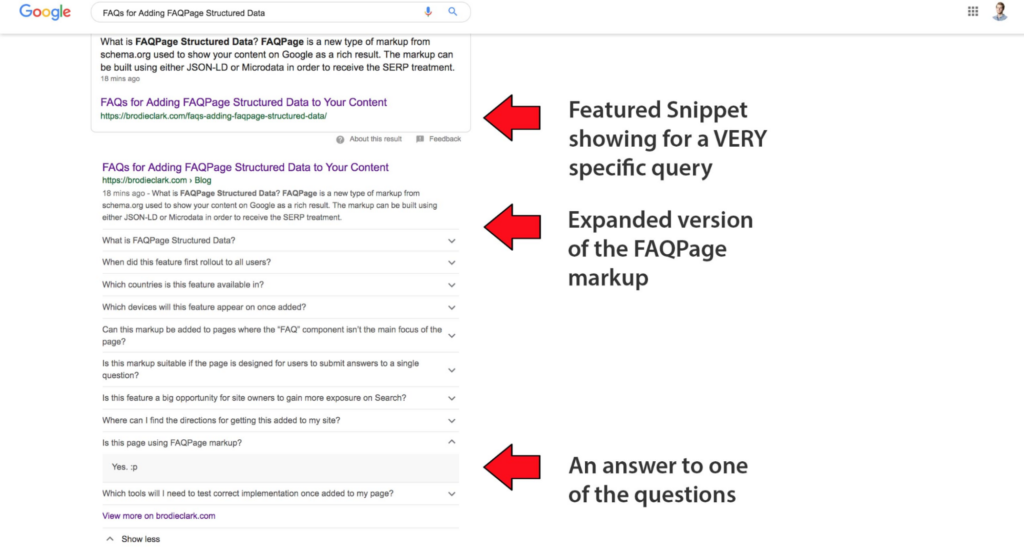 FAQ schema markup example in rich snippets