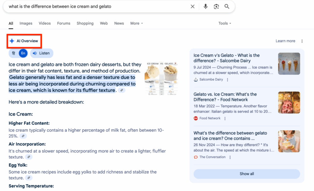 Example of AI Overviews for semantic SEO