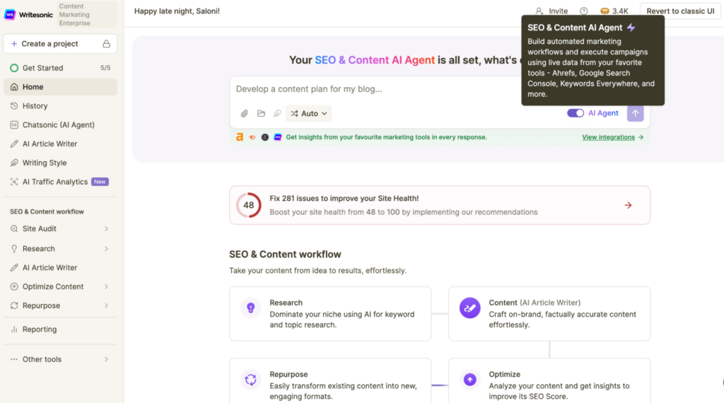Writesonic dashboard