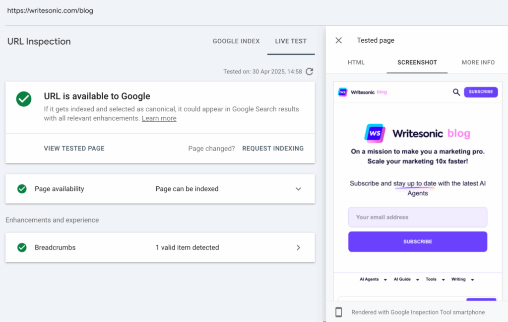 GSC tested pages for content audit