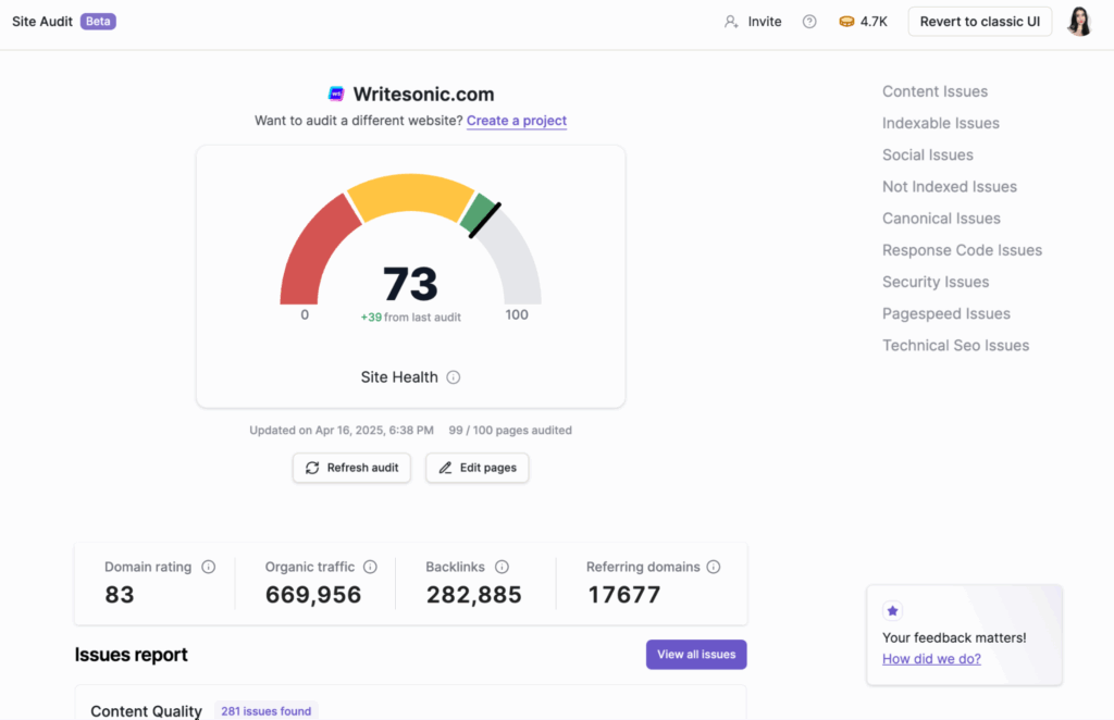Writesonic site audit tool for pagination SEO