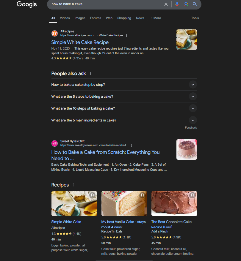 Google's search results for the query "How to bake a cake?"