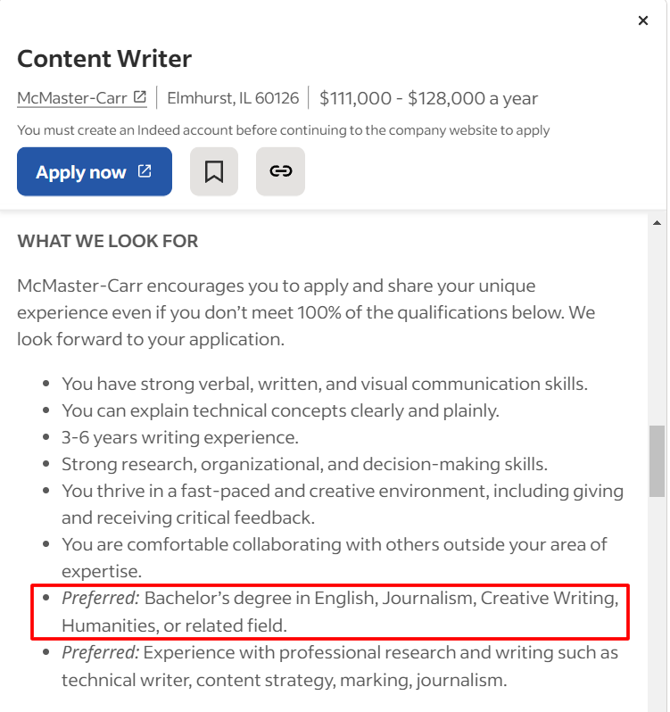 A typical job description for a content writer.