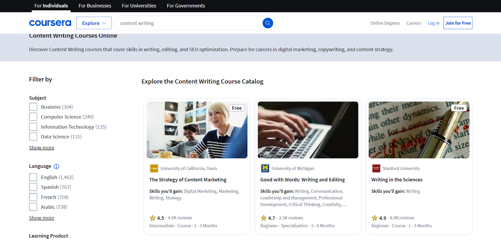 Coursera has several courses on how to become a content writer.