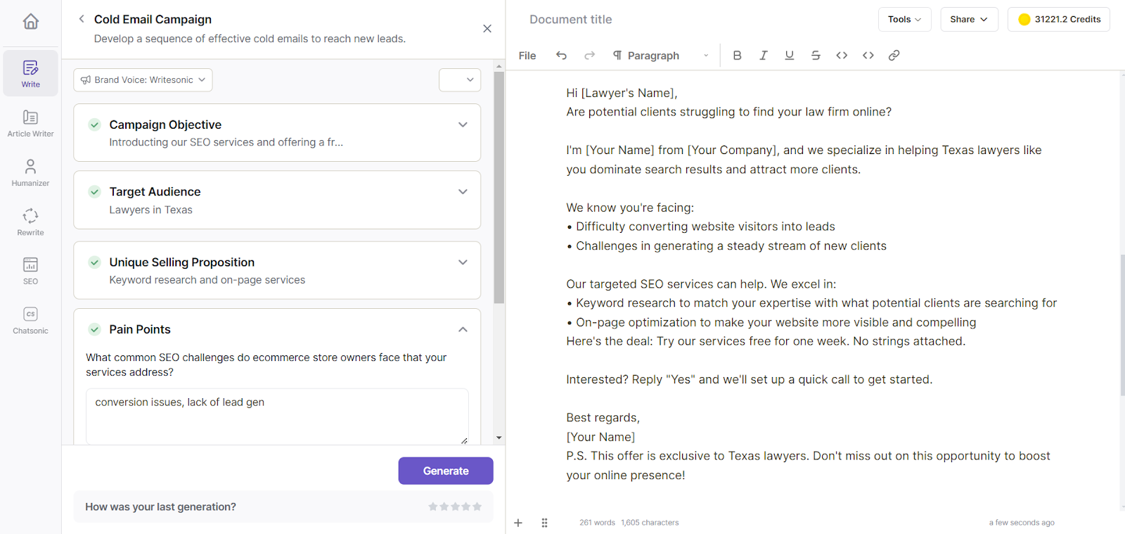 Writesonic also generated email variations depending on the target audience.