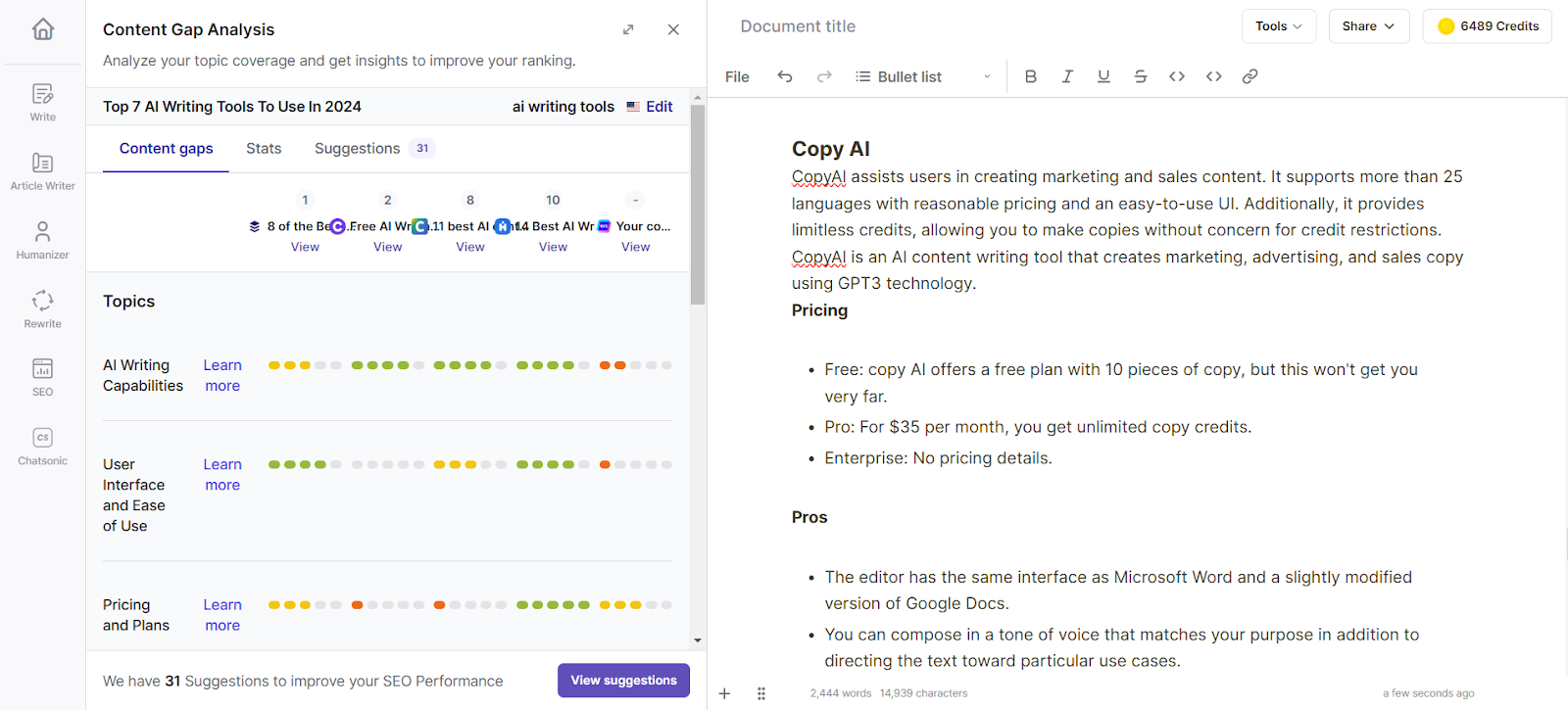 Writesonic's Content Gap Analysis tool highlights the topics you can add in your article.