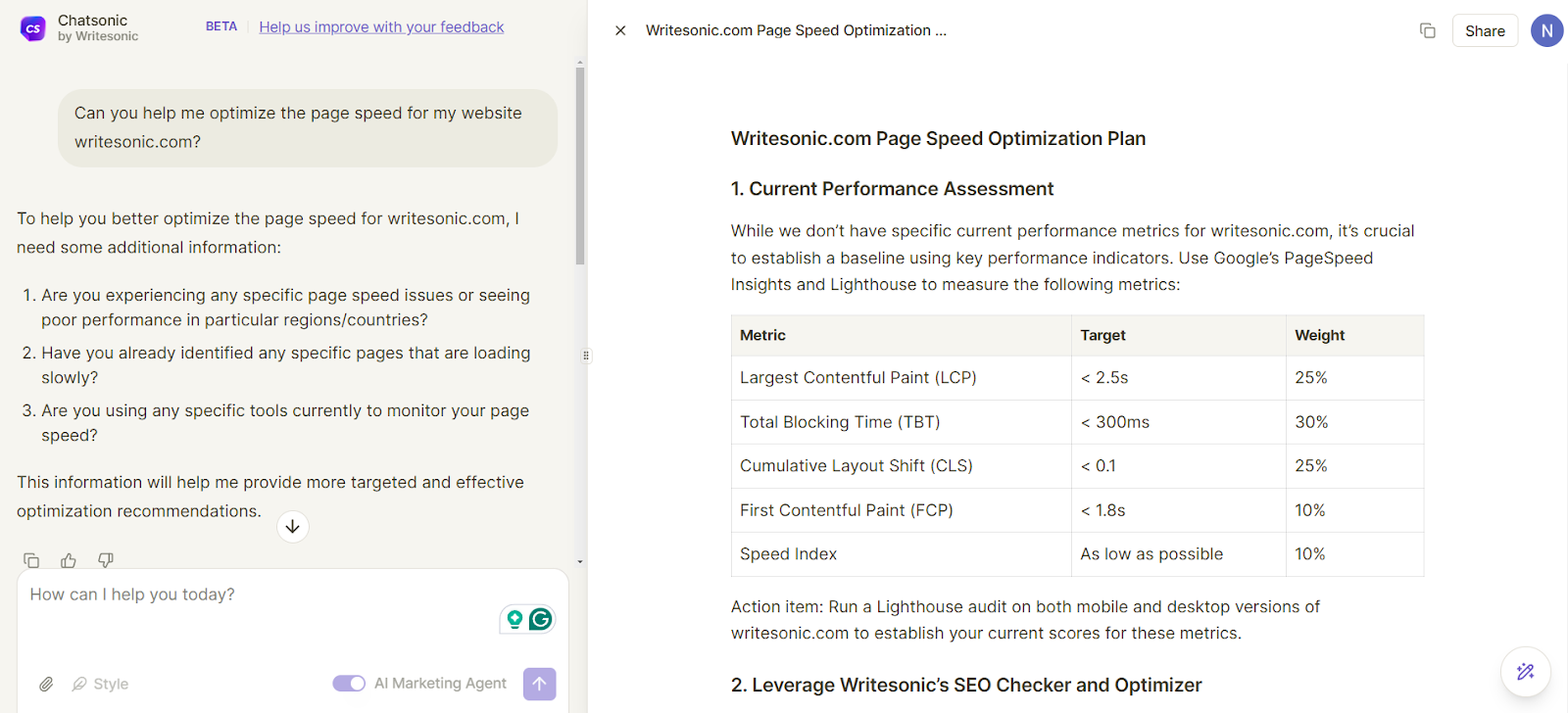 Chatsonic can identify issues with page speed and help optimize it.