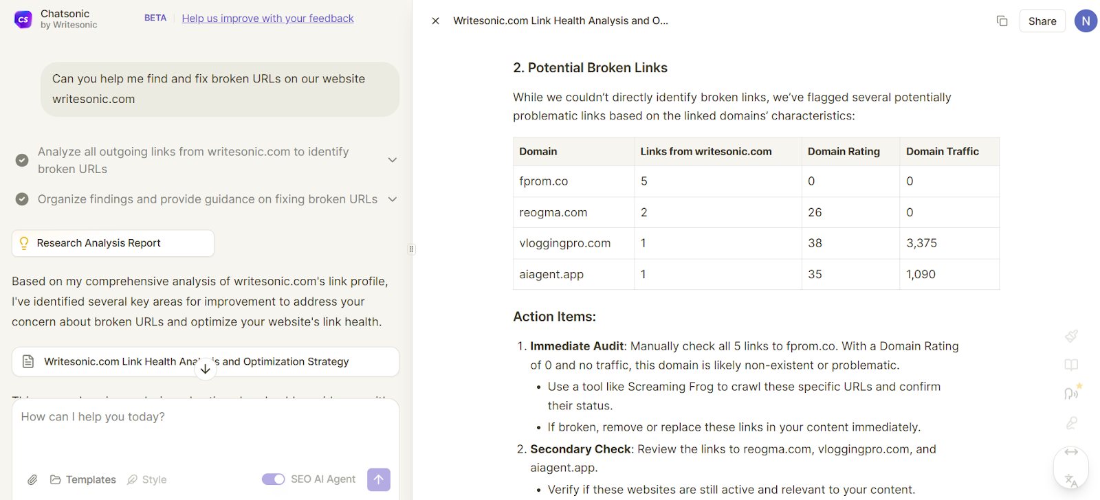 Chatsonic can identify broken URLs and give suggestions on fixing them.