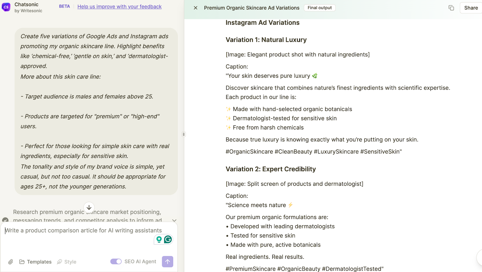 Creating ad copy variations using Chatsonic