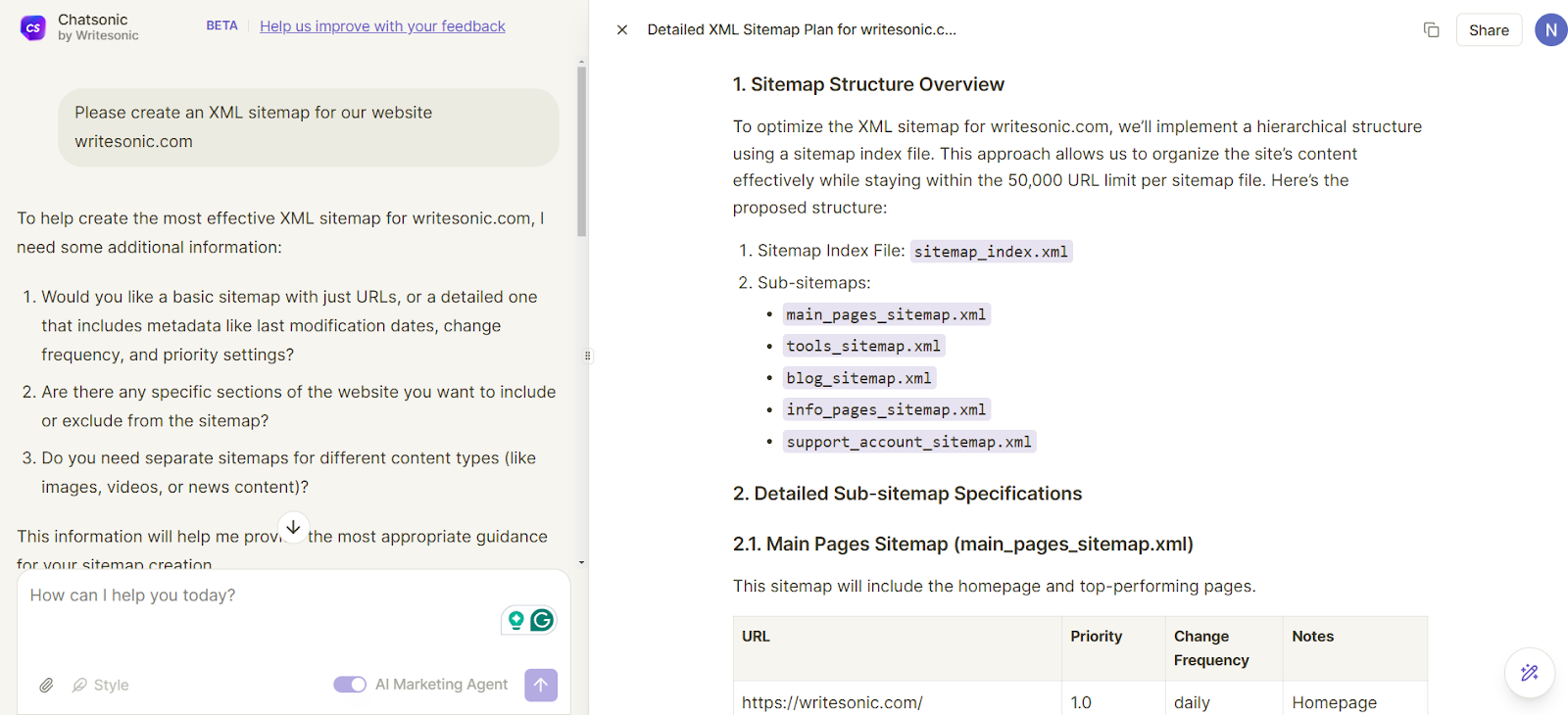 Chatsonic, an AI agent for technical SEO, can also create sitemaps.