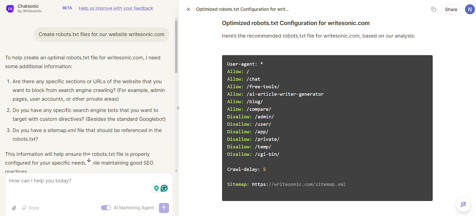 Chatsonic can help configure robots.txt files.