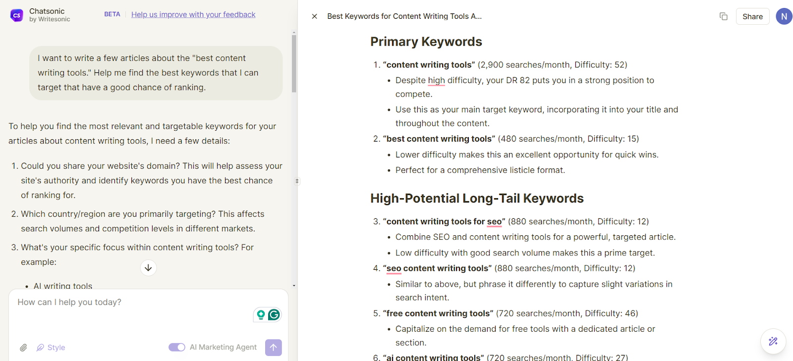 Chatsonic can perform elaborate keyword research.