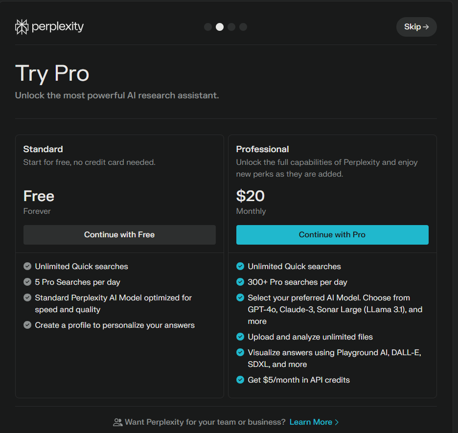 Perplexity AI's pricing model.