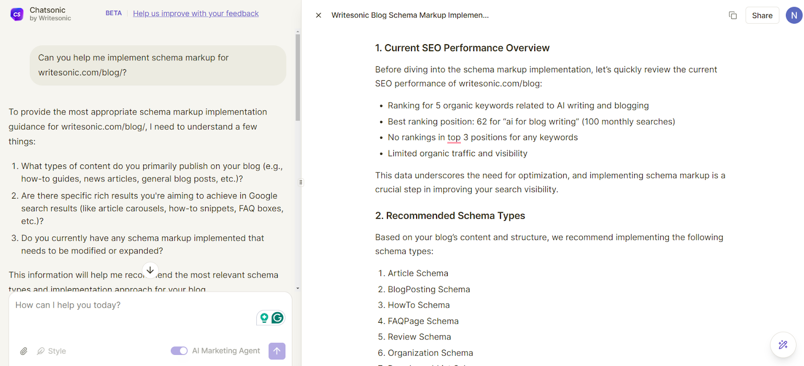 Chatsonic, an AI agent for technical SEO, can help implement schema markup.