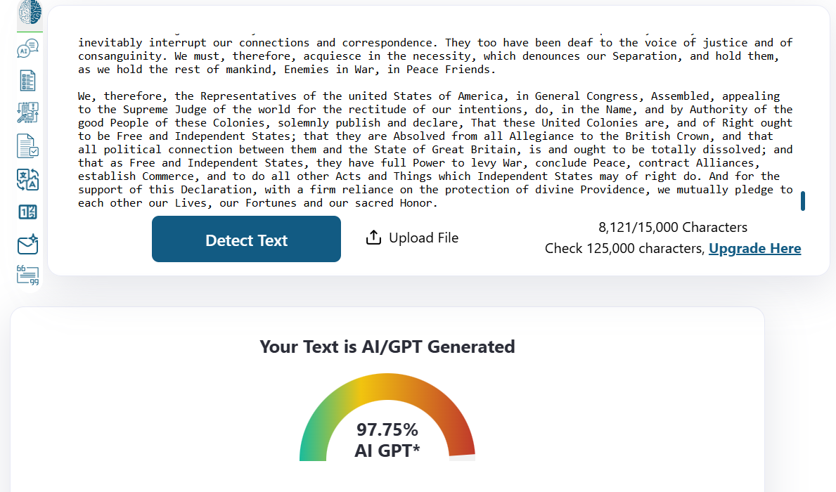 A demonstration of how AI content detectors work using the Declaration of Independence.