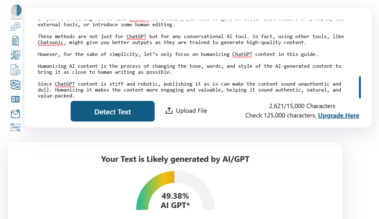 An AI content detector indicates human-written content as written by AI.