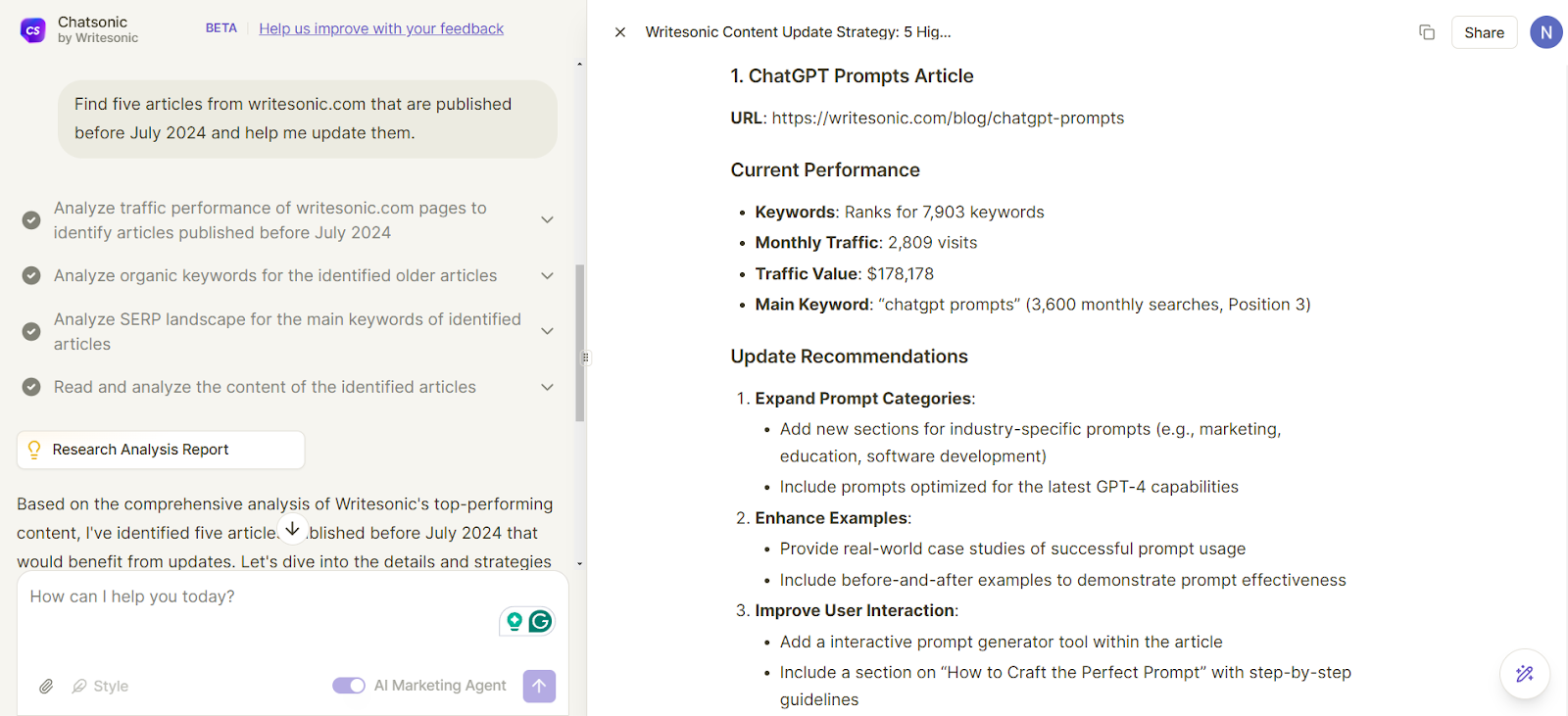 Chatsonic helps update information in existing articles.