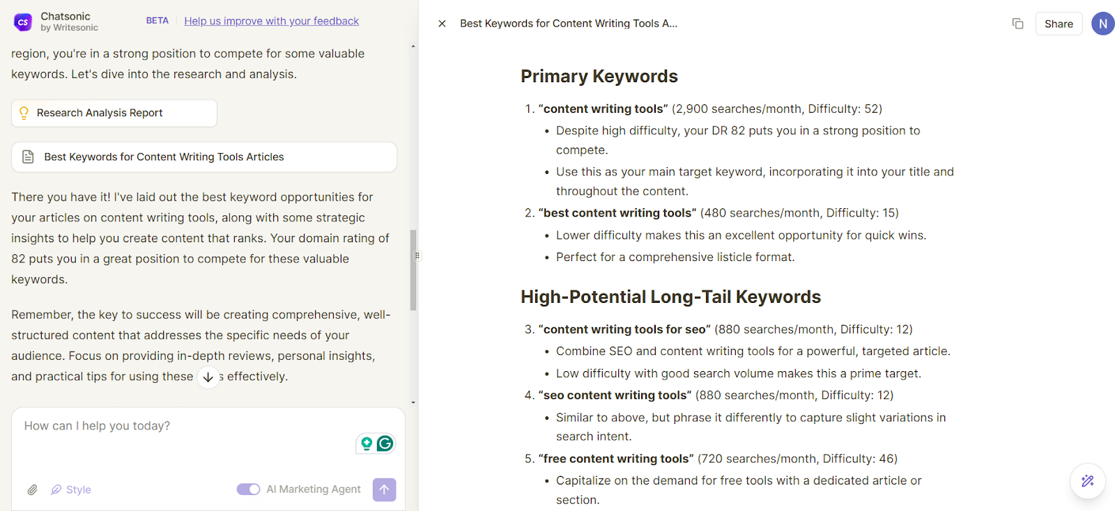 A complete keyword research report generated by Chatsonic.