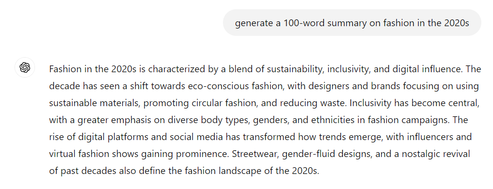 ChatGPT-generated summary about fashion in the 2020s.