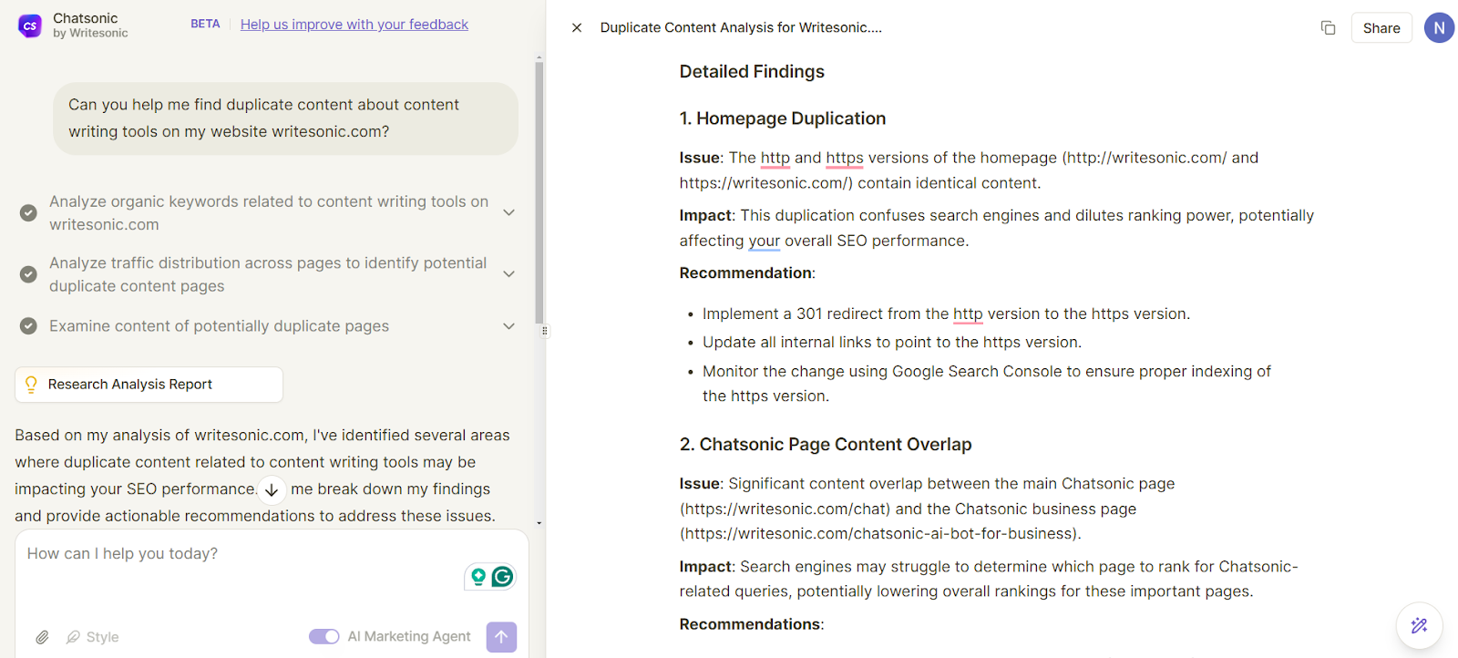 Chatsonic is an AI agent for technical SEO that can find duplicate content on your website.