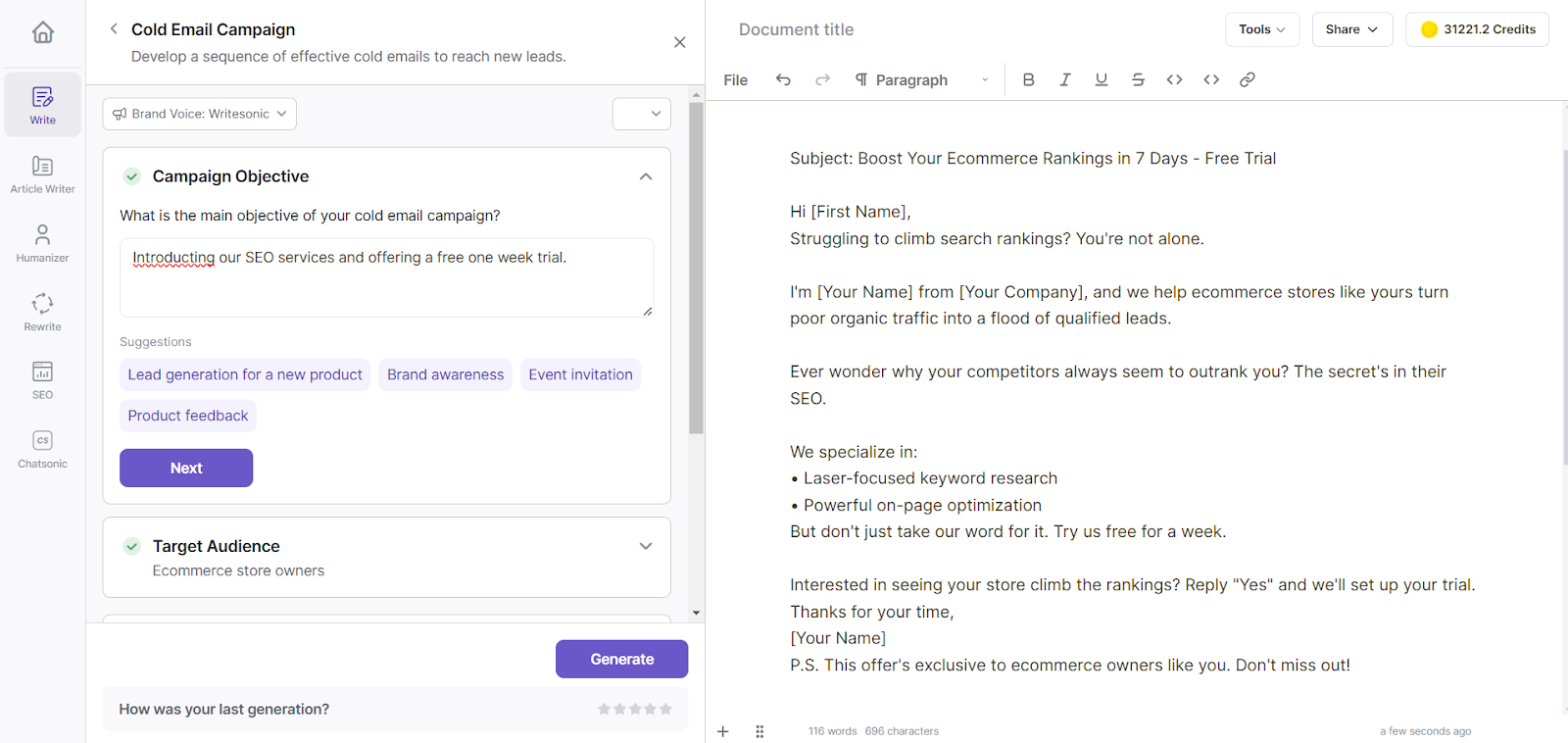 Writesonic has dedicated email-writing templates.