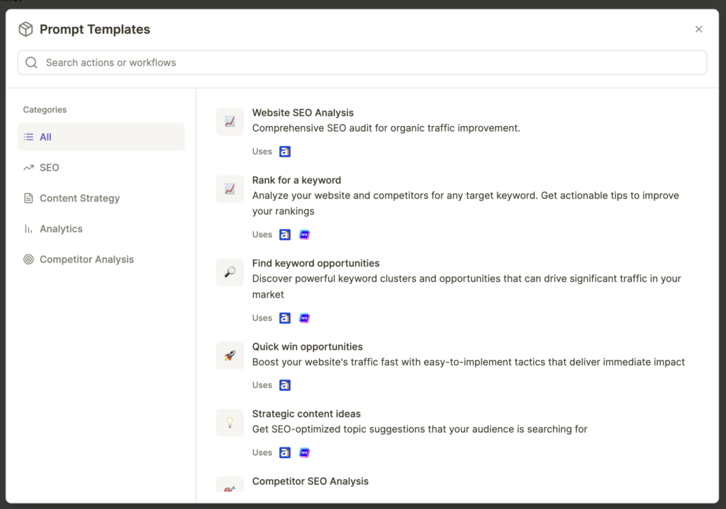 Templates library with categories like “Keyword Research,” “Competitor Analysis,” etc.