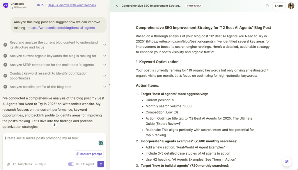 Create quality content using Chatsonic SEO AI Agent - Keyword Optimization AI Agent