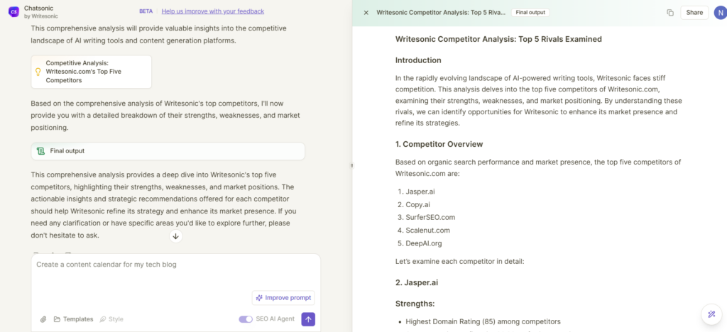 The SEO AI agent gives the final report with complete competitor analysis and actionable insights/