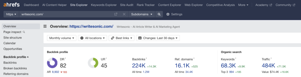 Ahrefs dashboard - Writesonic