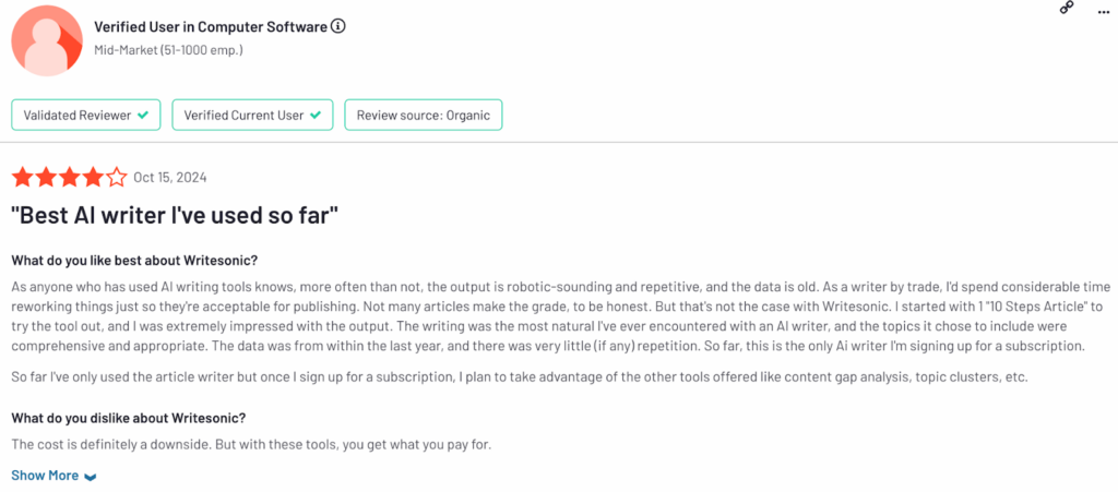 B2B AI tools review for Writesonic