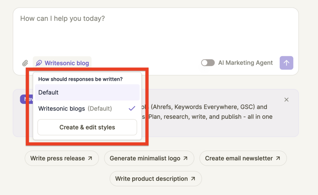 Chatsonic writing styles for AI marketing agent