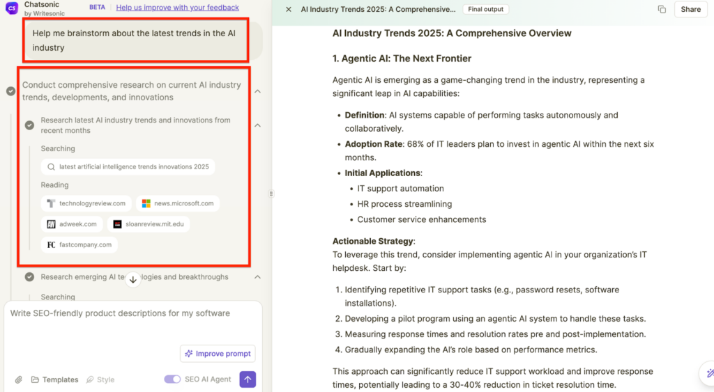 Using Chatsonic, an AI article writing agent for topic trend analysis. 