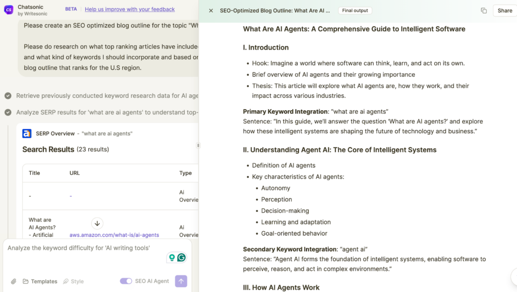 AI article writing agent for blog outline creation 