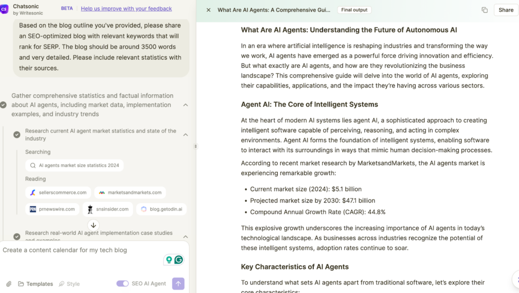 Blog creation using AI article writing agent Chatsonic