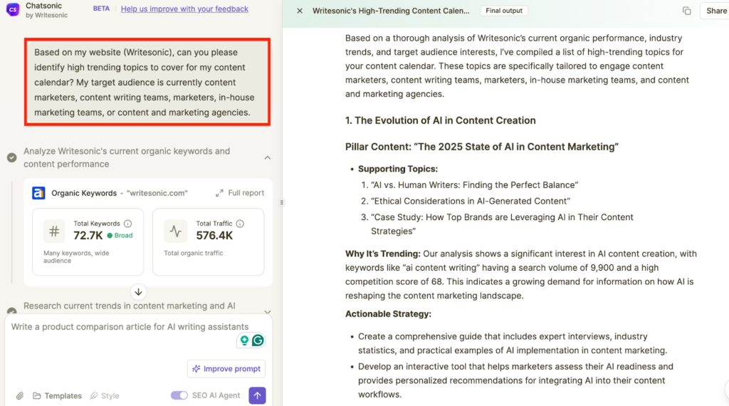 Chatsonic SEO AI agent for trend analysis