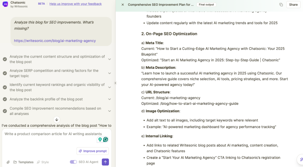 Actionable on-page SEO strategies suggested by Chatsonic