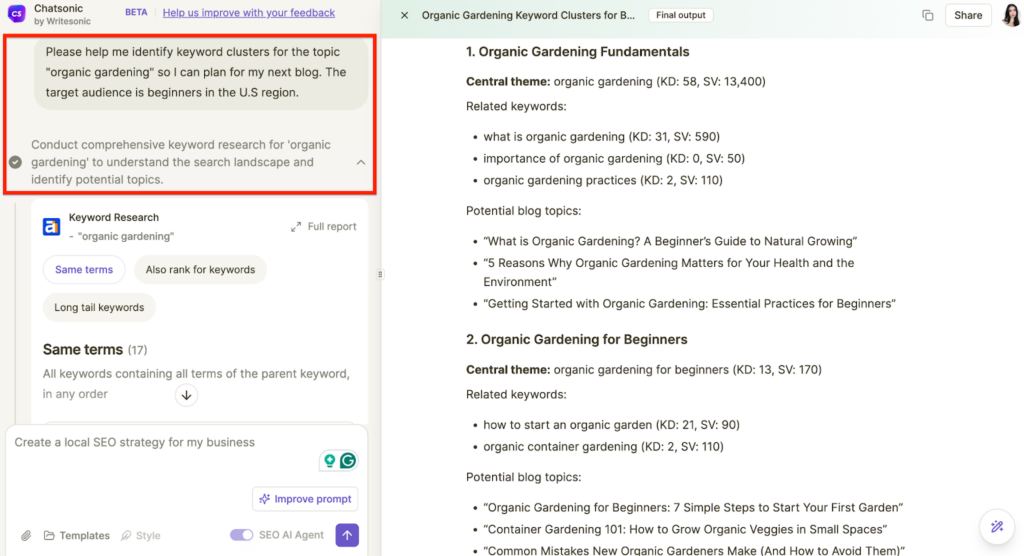 Identifying topic clusters for blog post creation using Chatsonic