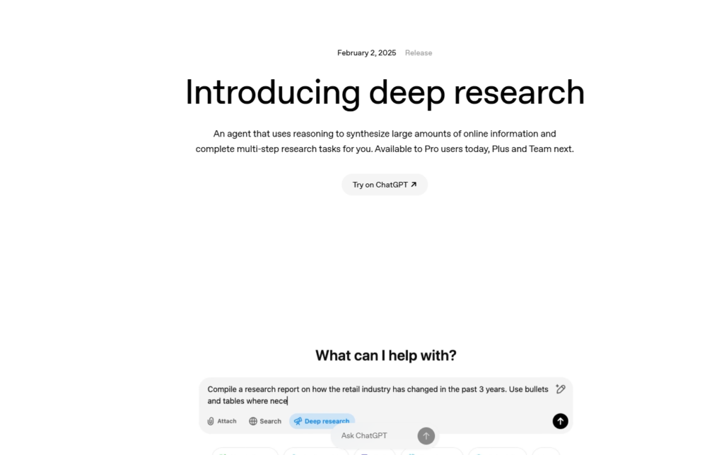 OpenAI has released the Deep Research mode for ChatGPT, a new AI agent that generates comprehensive outputs by deeply researching the web.