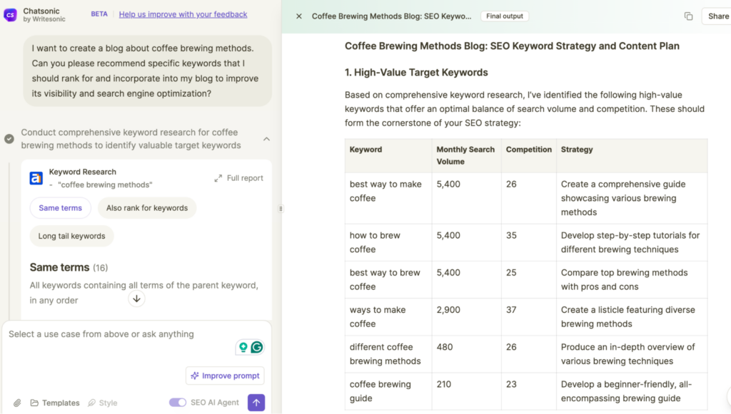 Using AI agents for SEO keyword research: Chatsonic