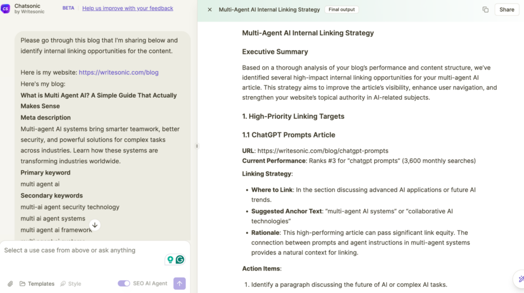 AI agents for SEO - Using Chatsonic to identify internal linking opportunities