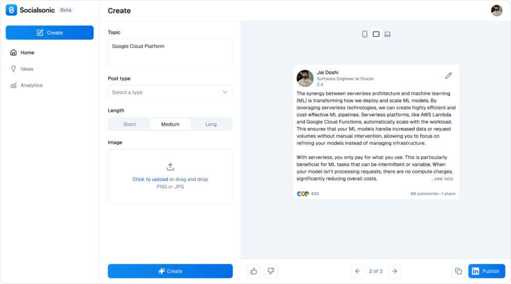 Socialsonic AI for LinkedIn post creation